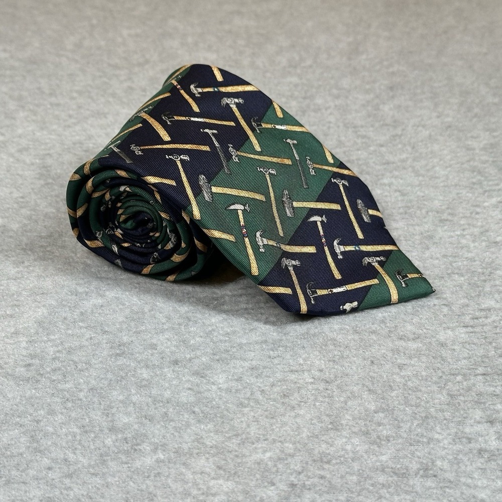 Habitat For Humanity Silk Alynn Neck Tie Hammer Pattern Green Blue USA 58x3.75